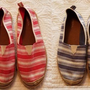 2 Pair Size 8 Espadrilles - Red & White; Blue & White